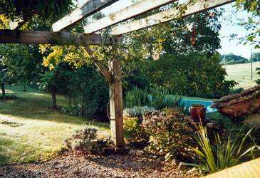 Blick von der Terrasse des Turmhäuschens auf den Pool